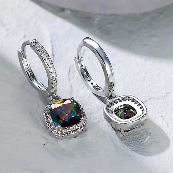 Mystic Topaz White Gold Plated Square Cut Zircon Dangle Earrings - Picture 4 of 7